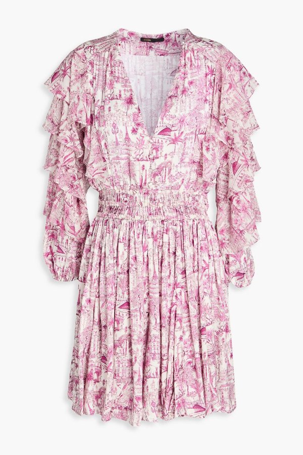 荷叶边印花雪纺连衣裙