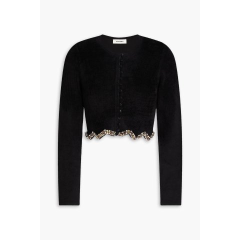 水晶装饰短款天鹅绒开衫