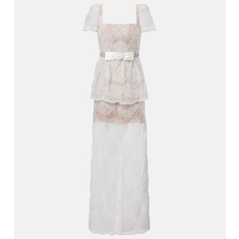 蝴蝶结网纱蕾丝长裙