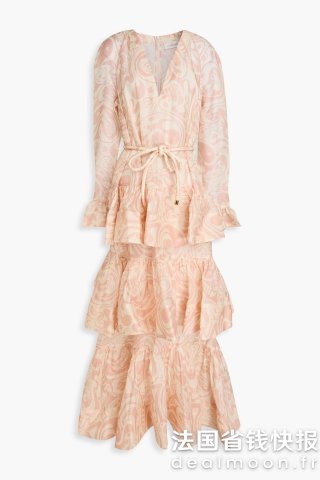 Zimmermann印花真丝亚麻荷叶边长裙