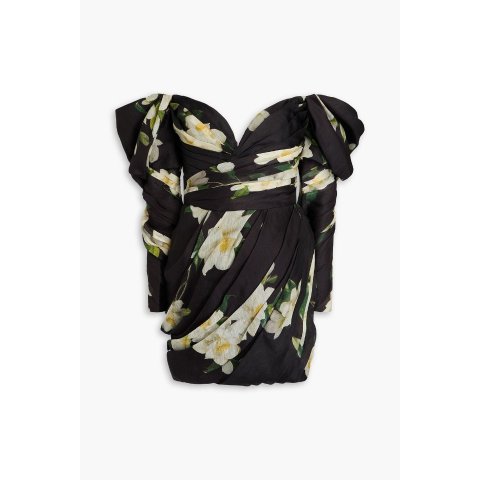 一字肩花卉印花亚麻真丝连衣裙