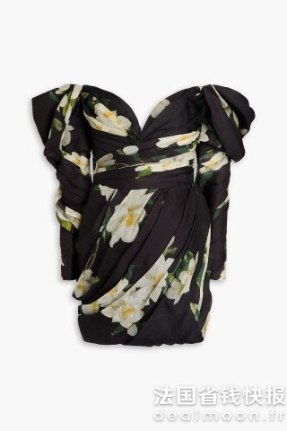 Zimmermann一字肩花卉印花亚麻真丝连衣裙