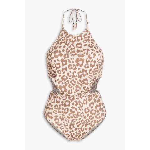 豹纹挂脖连体泳衣