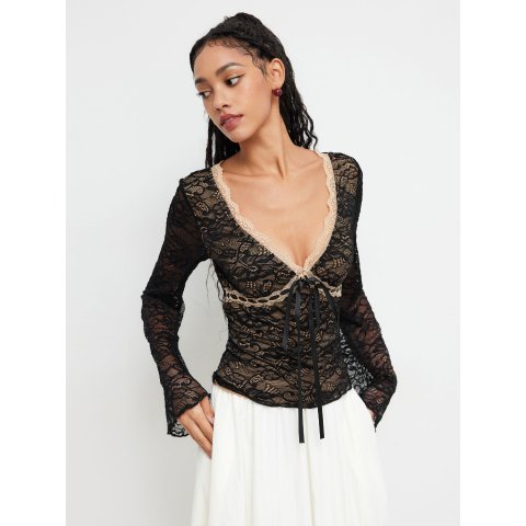  蕾丝V领长袖上衣