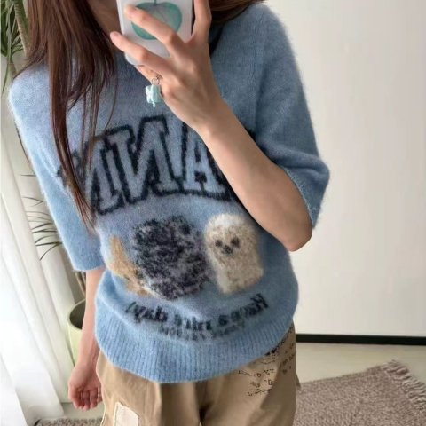 小狗图案羊驼T恤 蓝色