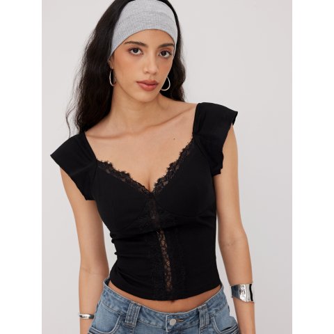 V领蕾丝拼接棉混纺T恤