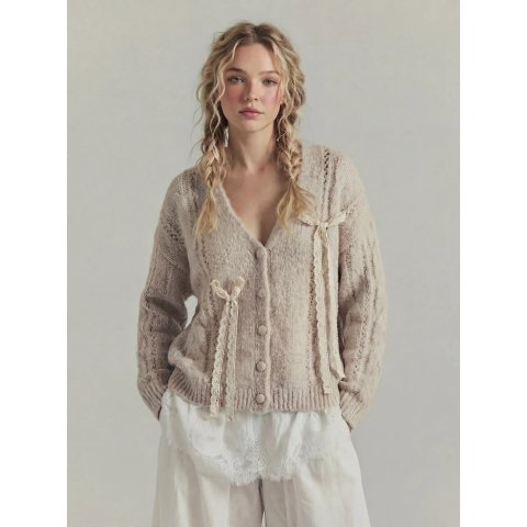 羊毛混纺V领蝴蝶结长袖开衫