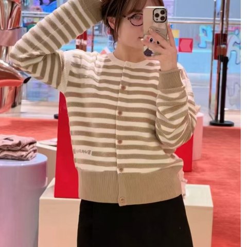 大童米色条纹羊毛开衫