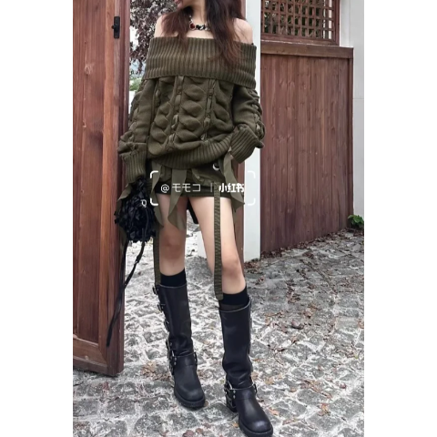 Blumarine@MOMOKOam2一字肩薄纱拼接毛衣