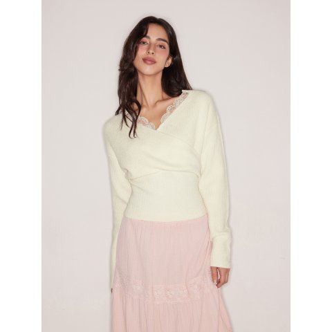  V领蕾丝饰长袖上衣