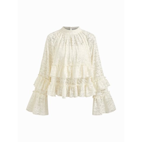 蕾丝花边立领荷叶袖上衣两件套