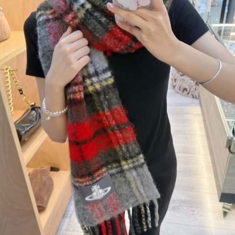  格纹刺绣流苏围巾