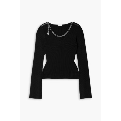 链饰皮边罗纹针织衫