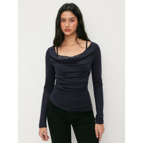 针织蕾丝褶皱高领上衣