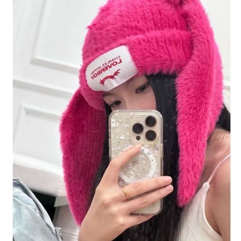 粉色兔子毛绒帽