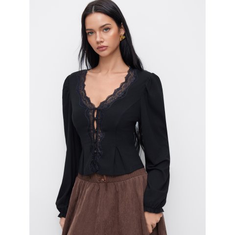 V领蕾丝长袖上衣