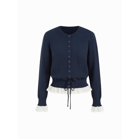 拼色荷叶边抽绳针织开衫