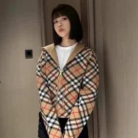 大童格纹羊毛拉链连帽衫 米色