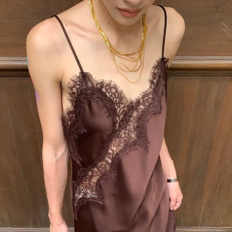 Satin V领蕾丝镶边吊带上衣