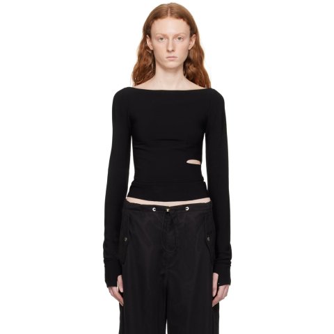 黑色收腰开叉长袖T恤