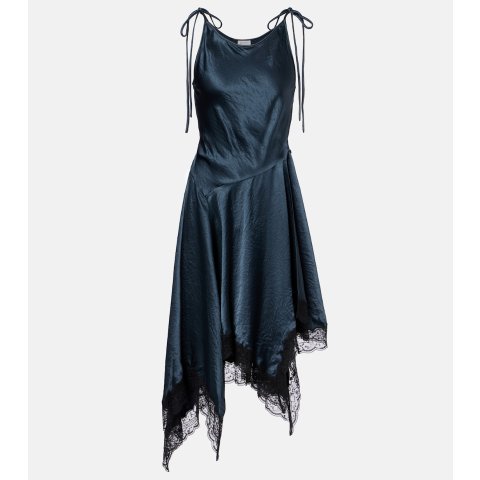 蕾丝镶边不对称缎面连衣裙