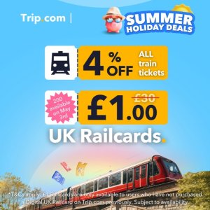 Railcard仅£1（原€36.86）Trip💥Railcard 火车打折卡大促 每天限量100份 去英国必备