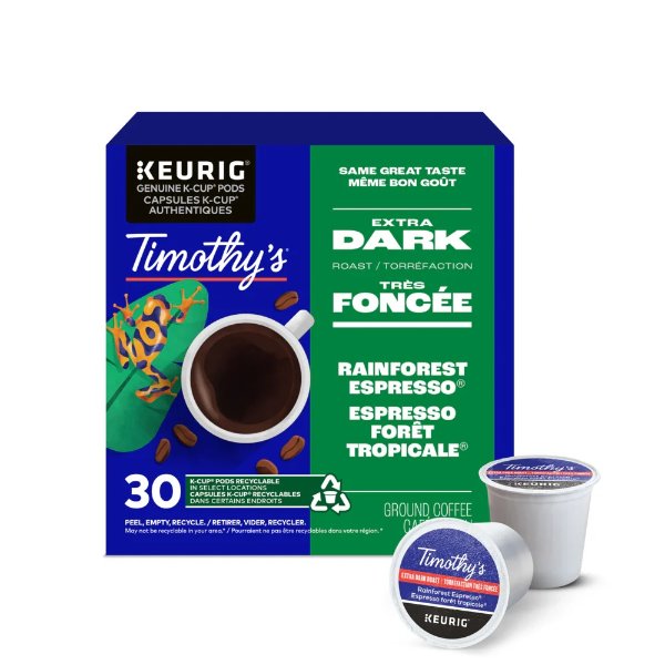 Timothy's Rainforest Espresso 深度烘焙 - K-Cup 咖啡包 - 30 包