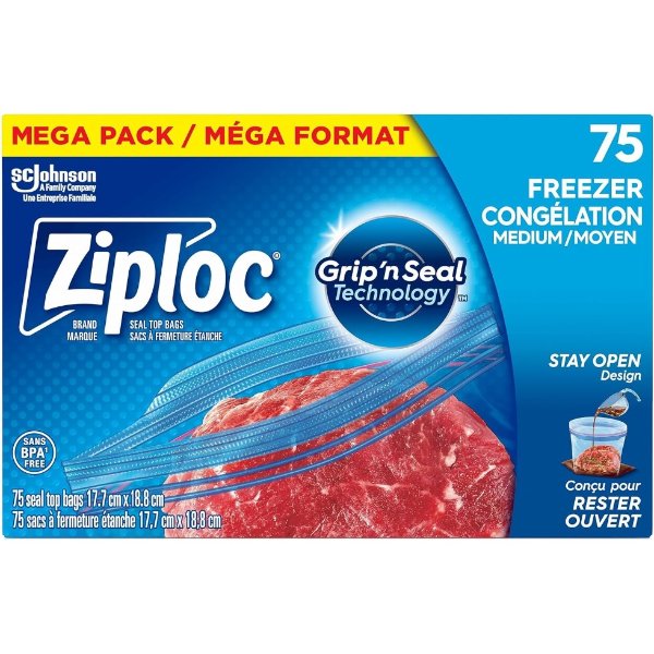 Ziploc 中号冷冻保鲜袋75个 可进微波炉 可重复使用