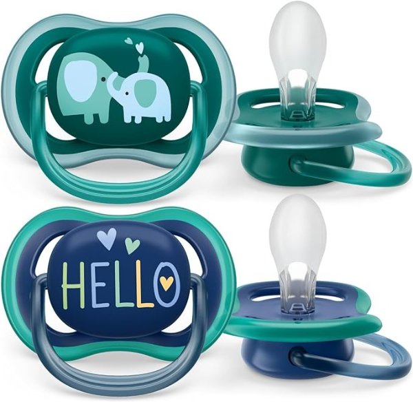 Philips Avent Ultra Air Pacifier 18m+, Opal Elephant/Blue Hello, 4 pack SCF349/20
