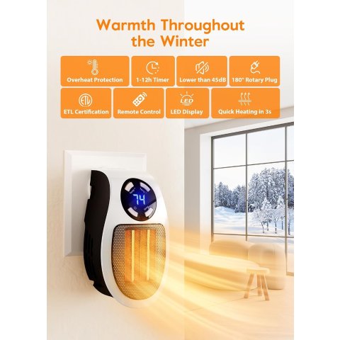 Portable Heater GiveBest 800W Wall Outlet Space Heater With Remote