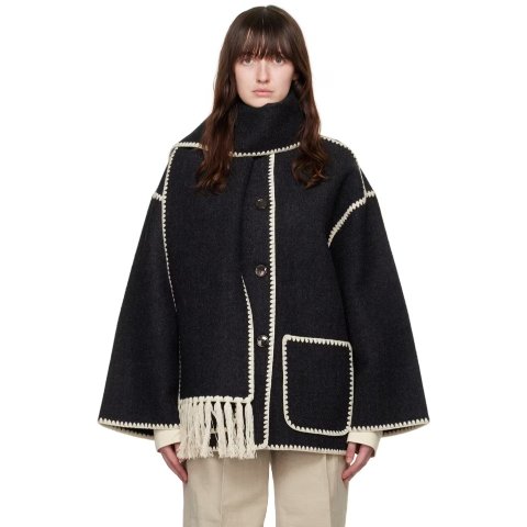 Gray Embroidered 围巾大衣