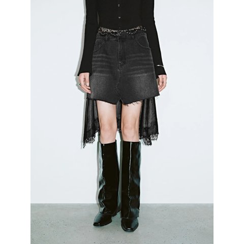 Irregular 蕾丝拼接牛仔裙