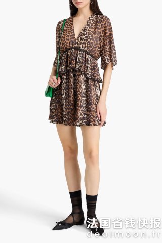 豹纹荷叶边真丝连衣裙