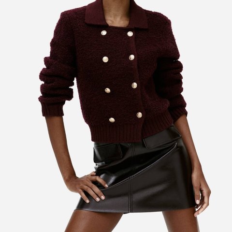 H&M酒红双排扣开衫