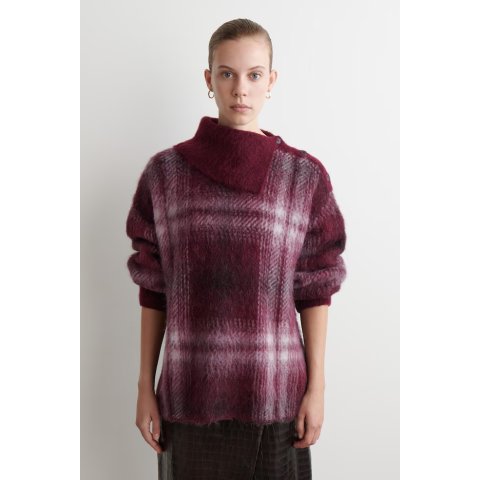 格纹羊驼毛翻领毛衣