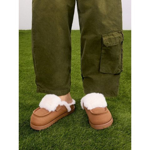 Charles & KeithTextured Fur-Trim Flatform Mules Brown