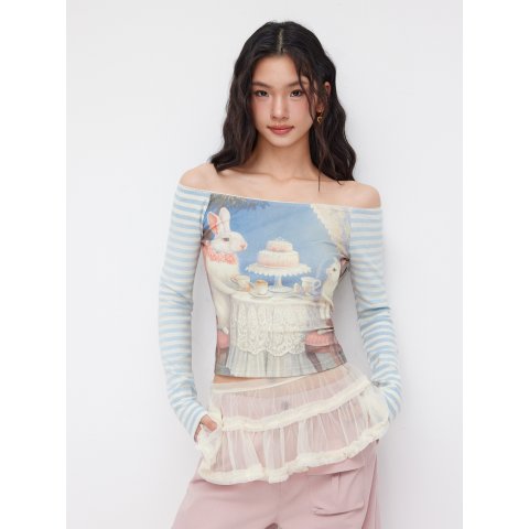 棉混兔子长袖条纹T恤