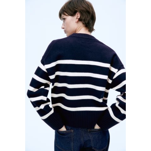 H&M老钱风基础单品女士细针织条纹毛衣 海军蓝