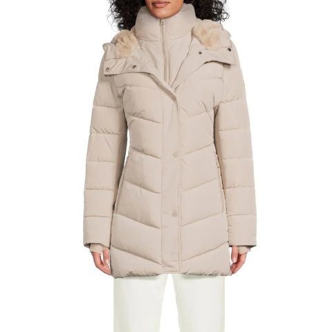 Calvin KleinFaux Fur-Trim Long Quilted Puffer Coat