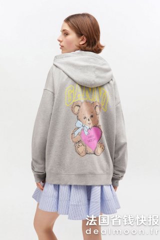 Ganni小熊灰色连帽卫衣 拉链款