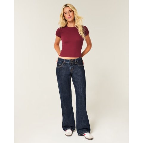 HollisterLondon 刺绣低腰牛仔宽裤