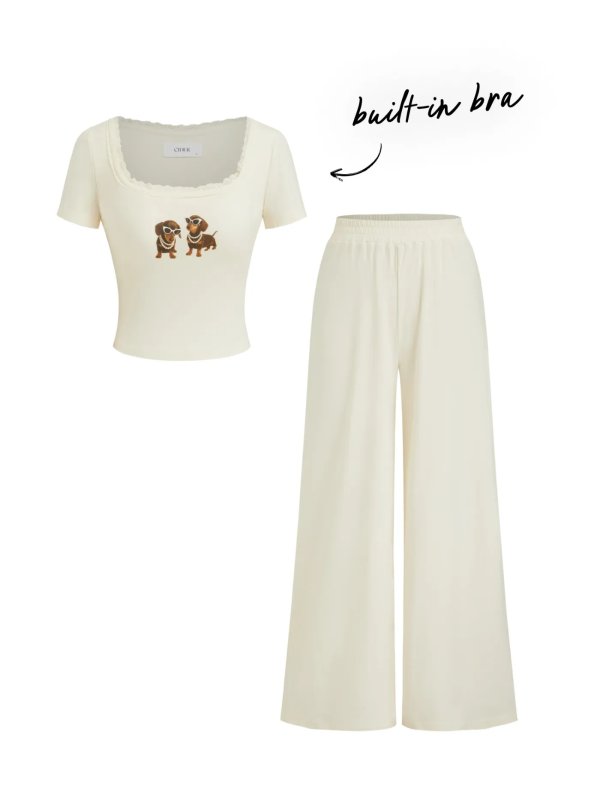 Knit 狗图案蕾丝家居套装