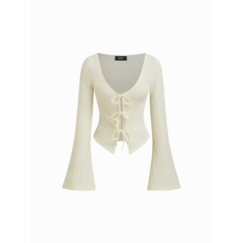 U领系带蝴蝶结长袖针织衫