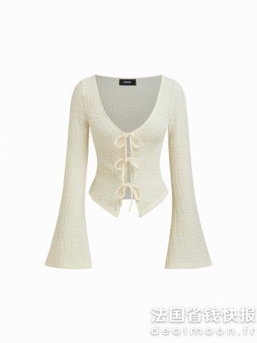 U领系带蝴蝶结长袖针织衫