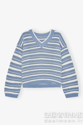 Ganni V领条纹棉毛衣