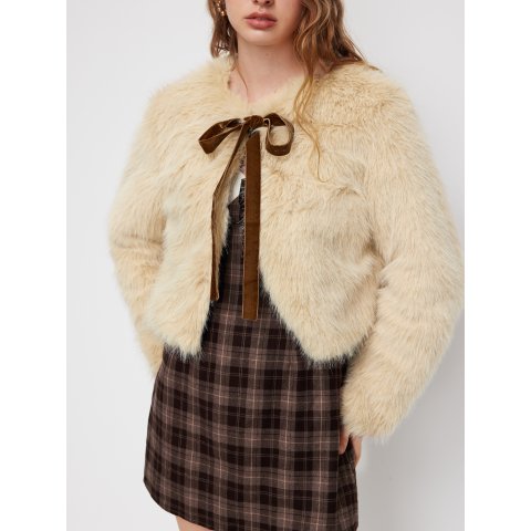 圆领蝴蝶结仿皮草斗篷