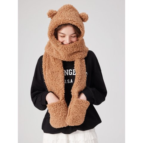 和巴熊一样可爱！！围巾+帽子一体Cotton Blends 针织熊耳连帽围巾