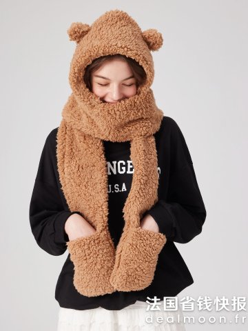 和巴熊一样可爱！！围巾+帽子一体Cotton Blends 针织熊耳连帽围巾