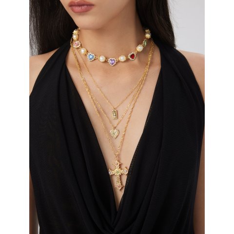 4件套水钻心形珍珠项链