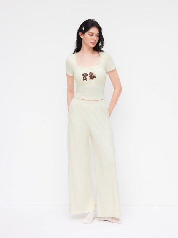 Knit 狗图案蕾丝家居套装